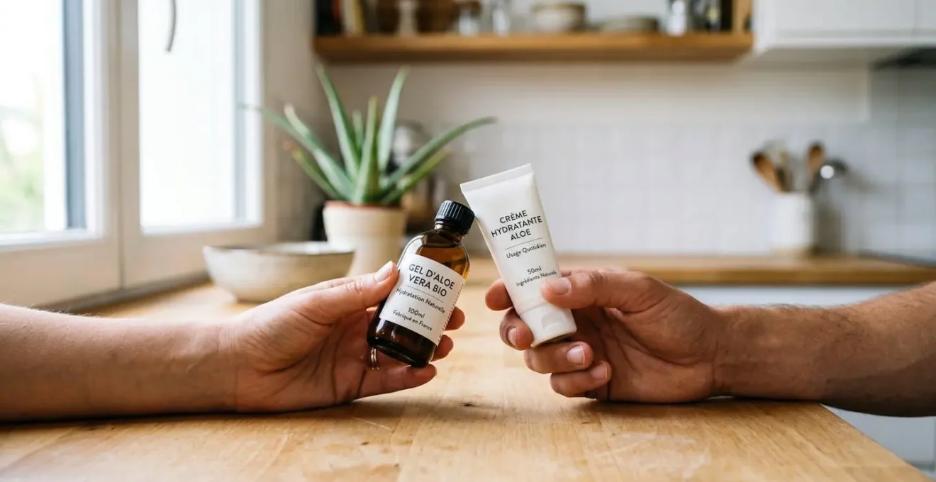 Deux mains féminines sur un plan de travail moderne, l'une tenant une bouteille transparente de gel d'aloe vera à boire, l'autre un tube de gel cosmétique