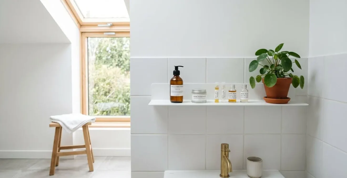 Étagère murale blanche dans une salle de bain contemporaine avec des produits de soin naturels alignés, lumière naturelle douce, carrelage blanc mat en arrière-plan