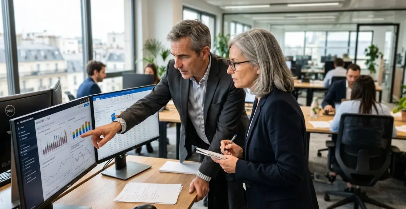 Deux dirigeants analysent des visualisations de données sur écrans dans un bureau contemporain
