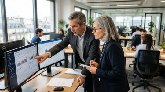 Deux dirigeants analysent des visualisations de données sur écrans dans un bureau contemporain