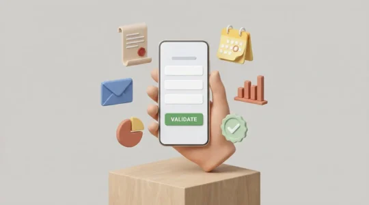 Main tenant un smartphone affichant un formulaire administratif en ligne, entouré d