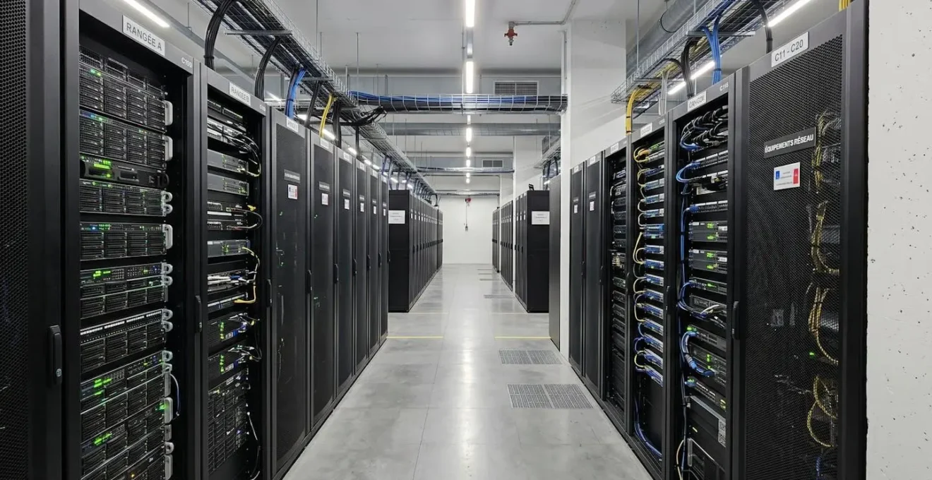 Salle serveurs moderne avec baies équipements et voyants LED dans un datacenter contemporain